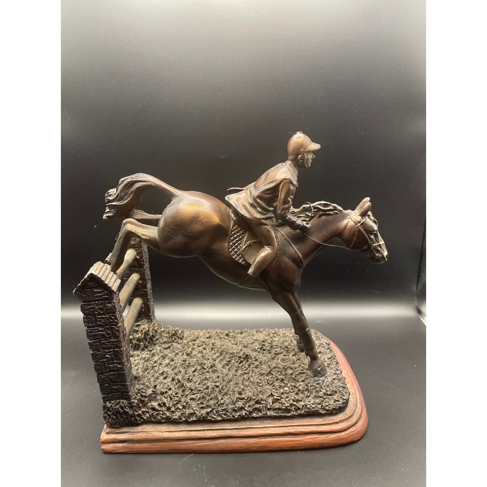 Bronze Tone Resin Equestrian Horse and Jockey Jumping Statue Sculpture AS IS
